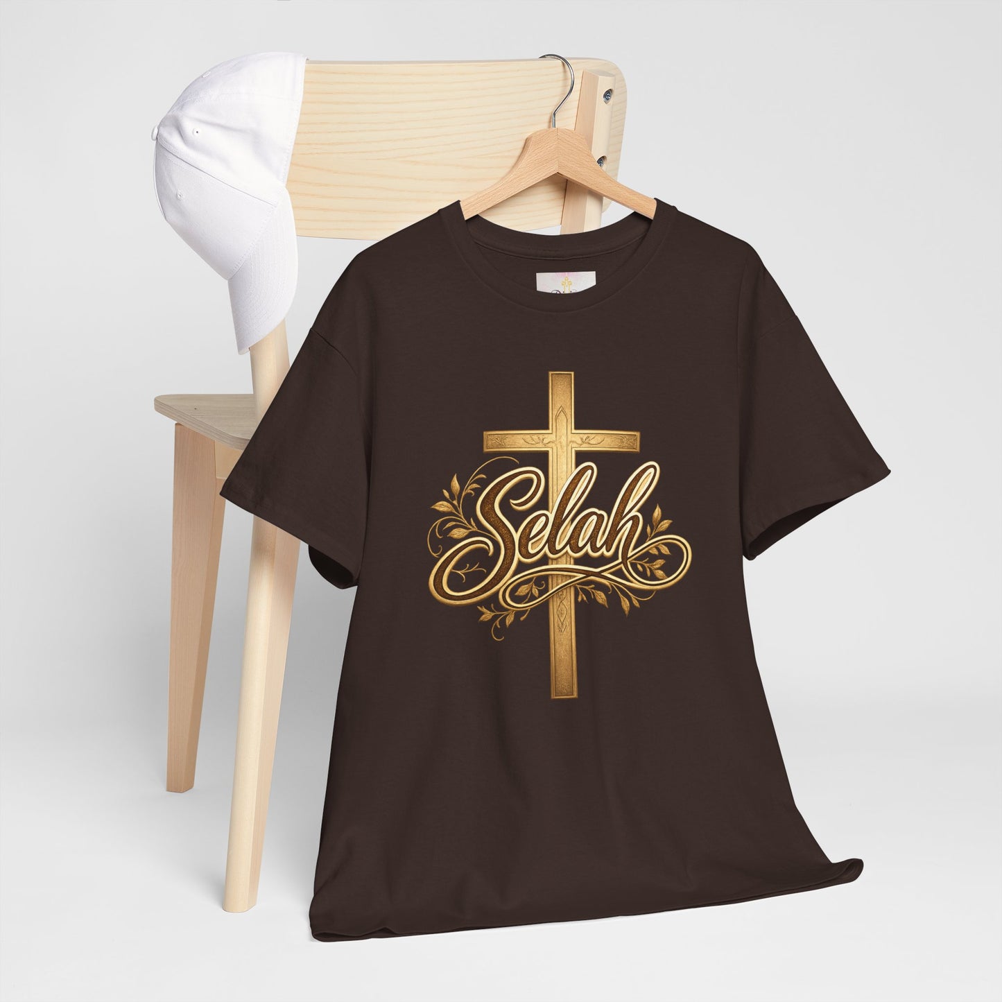 Selah Cross Tee — Women's Christian T‑Shirt with Gold Script