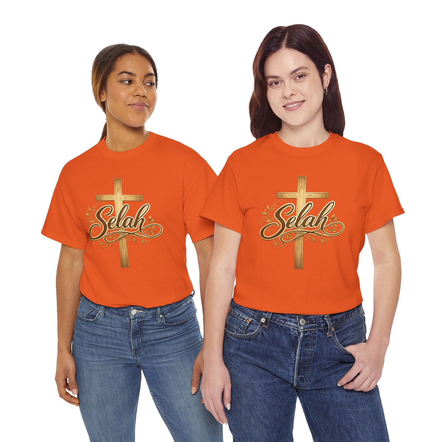 Selah Cross Tee — Women's Christian T‑Shirt with Gold Script