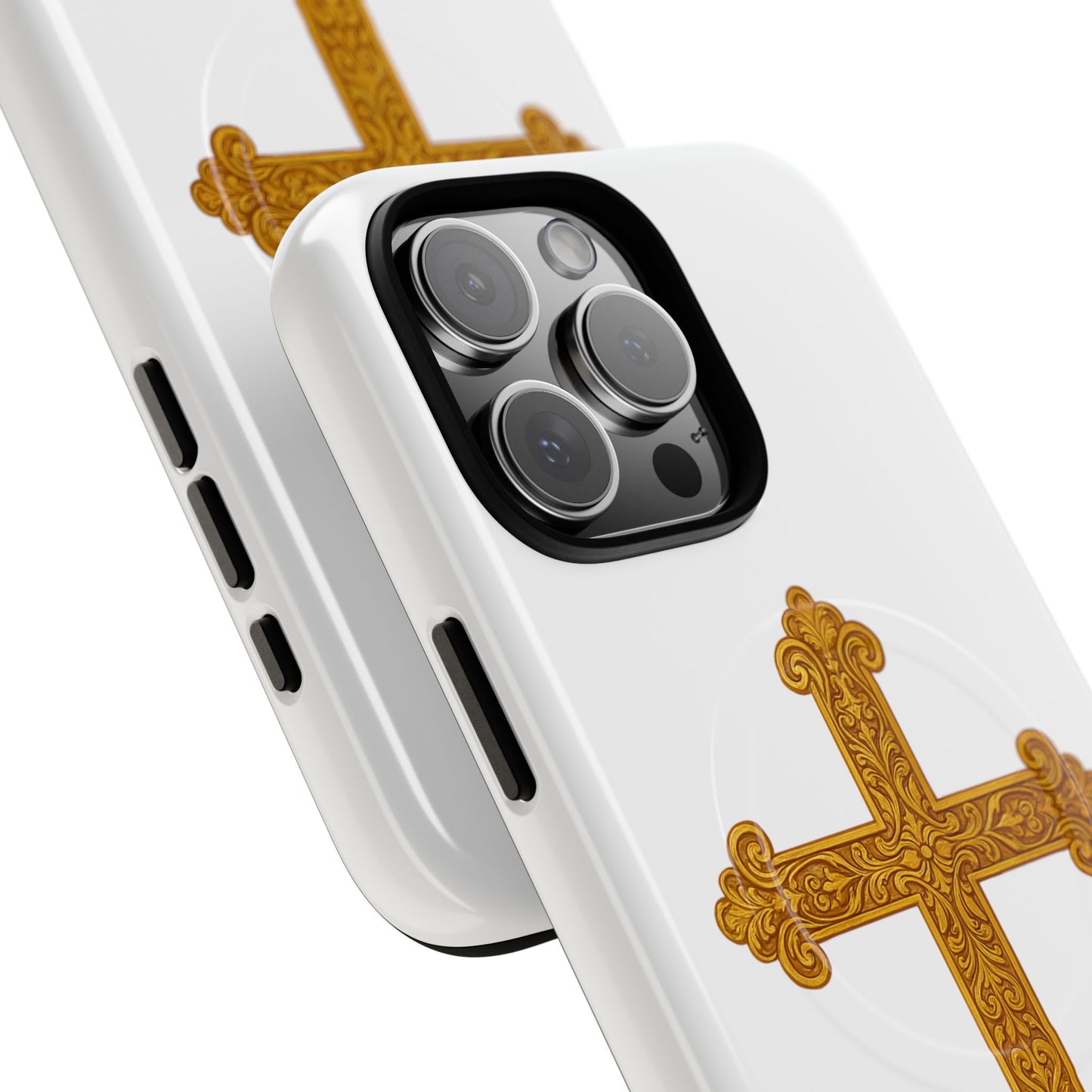 Gold Cross on White Magnetic Tough Case for iPhone – Strength in Faith