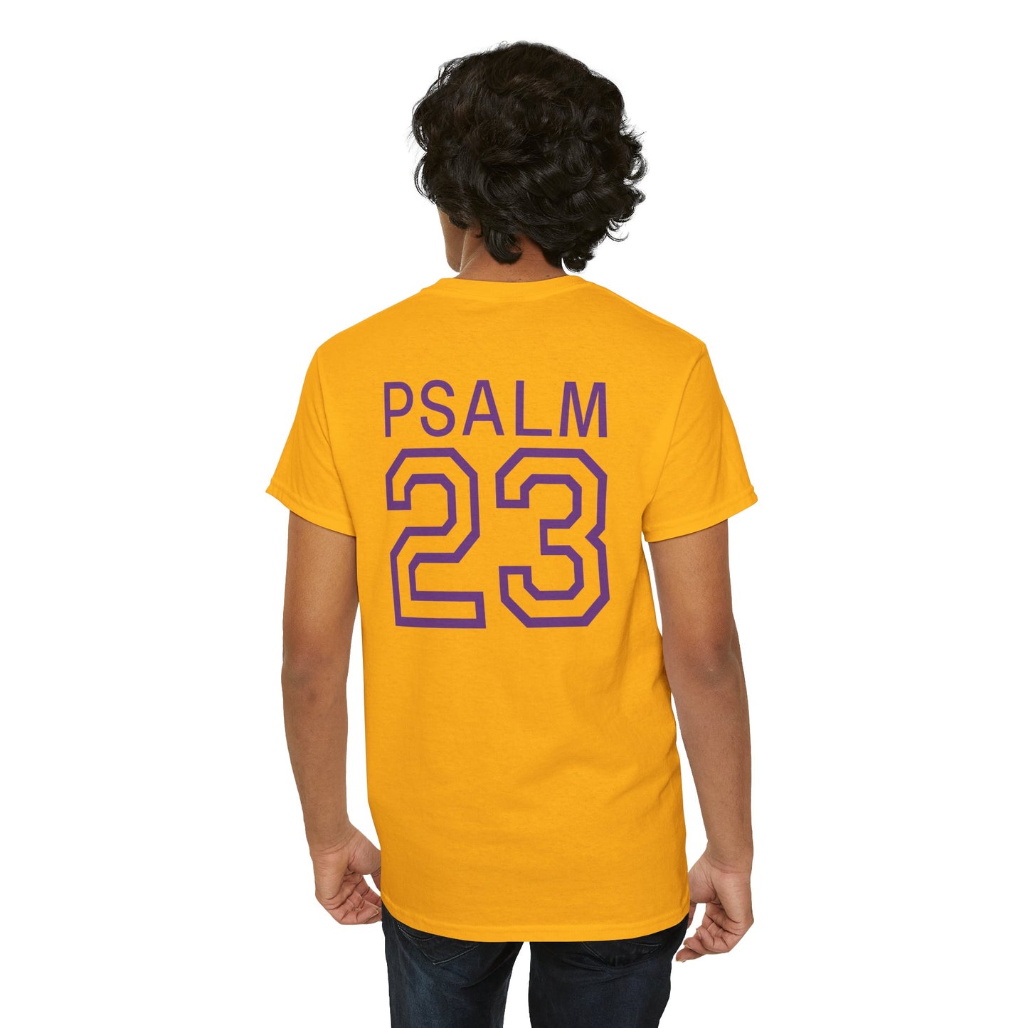 Psalm 23 Men’s T-Shirt – Inspired Sports-Style Shirt (Purple Lettering)