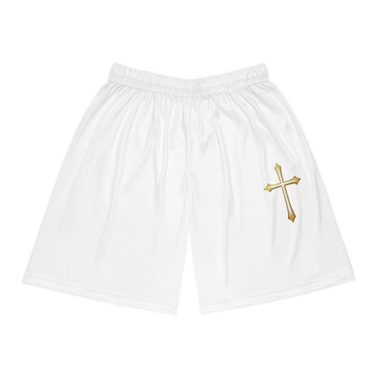 Men’s Modern Gold Cross Basketball Shorts – Sleek Faith-Inspired Design