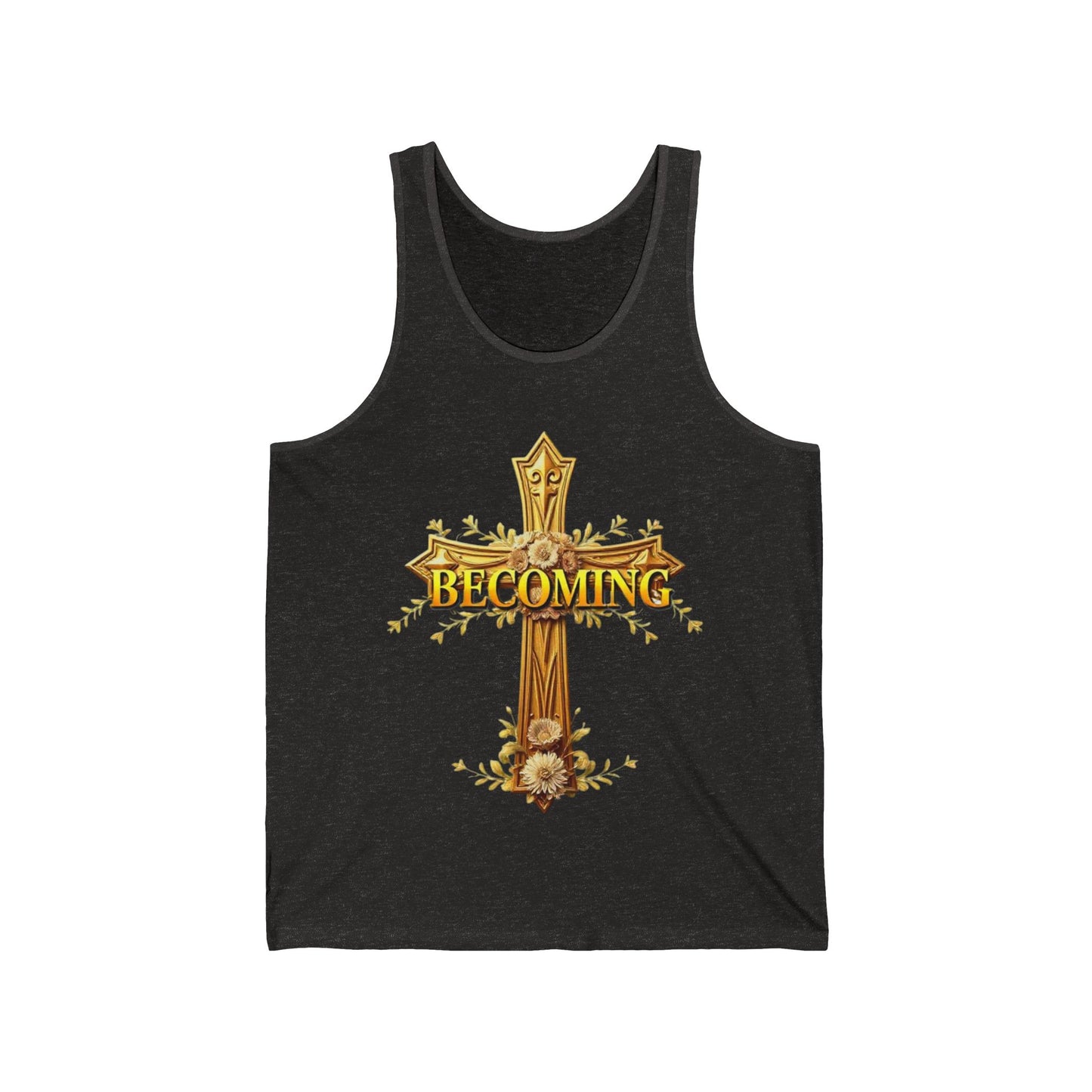 Becoming Women’s Tank Top – Gold Cross Edition (1 Corinthians 15:49