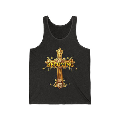Becoming Women’s Tank Top – Gold Cross Edition (1 Corinthians 15:49