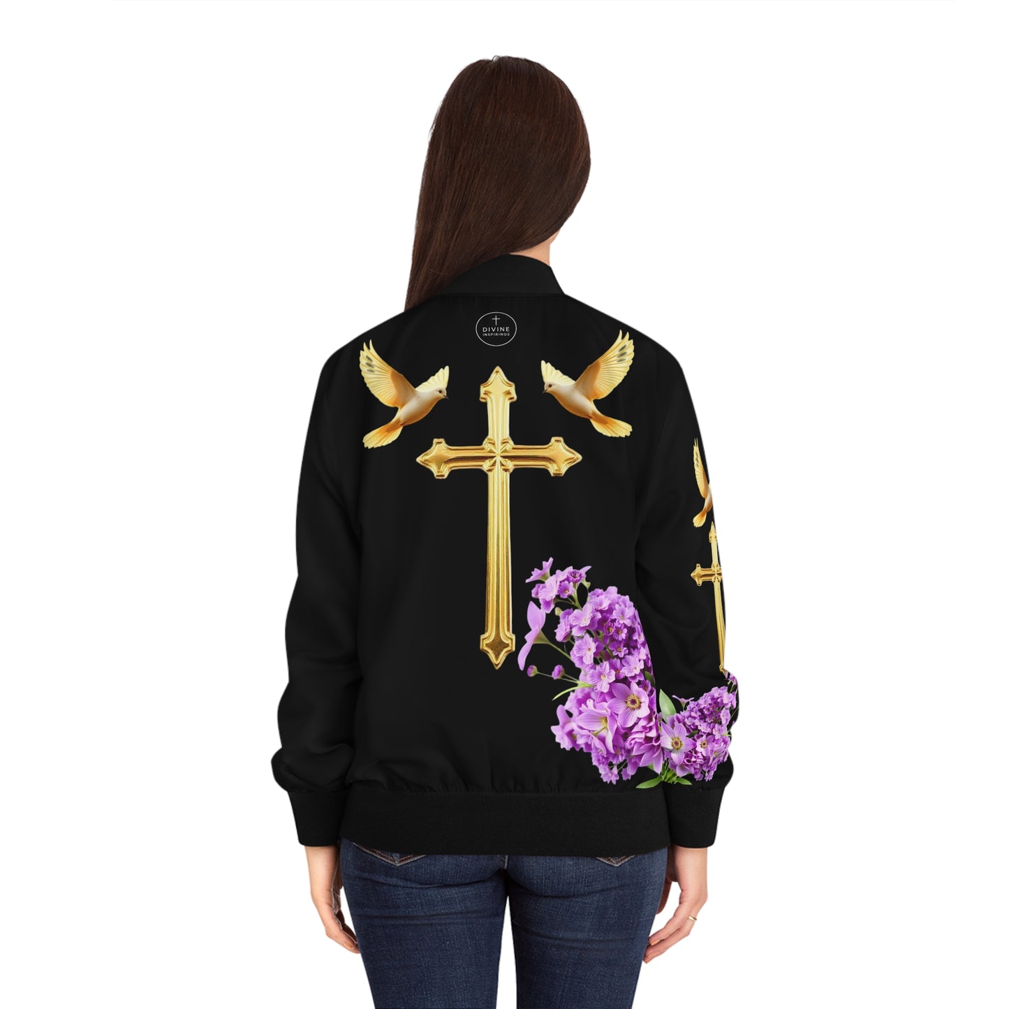 Heavenly Ascent – Gold Cross & Doves Women’s Bomber Jacket in Black