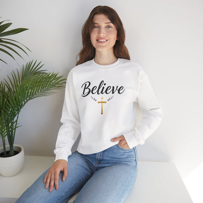 Believe Women’s Christian Sweatshirt – Golden Cross
