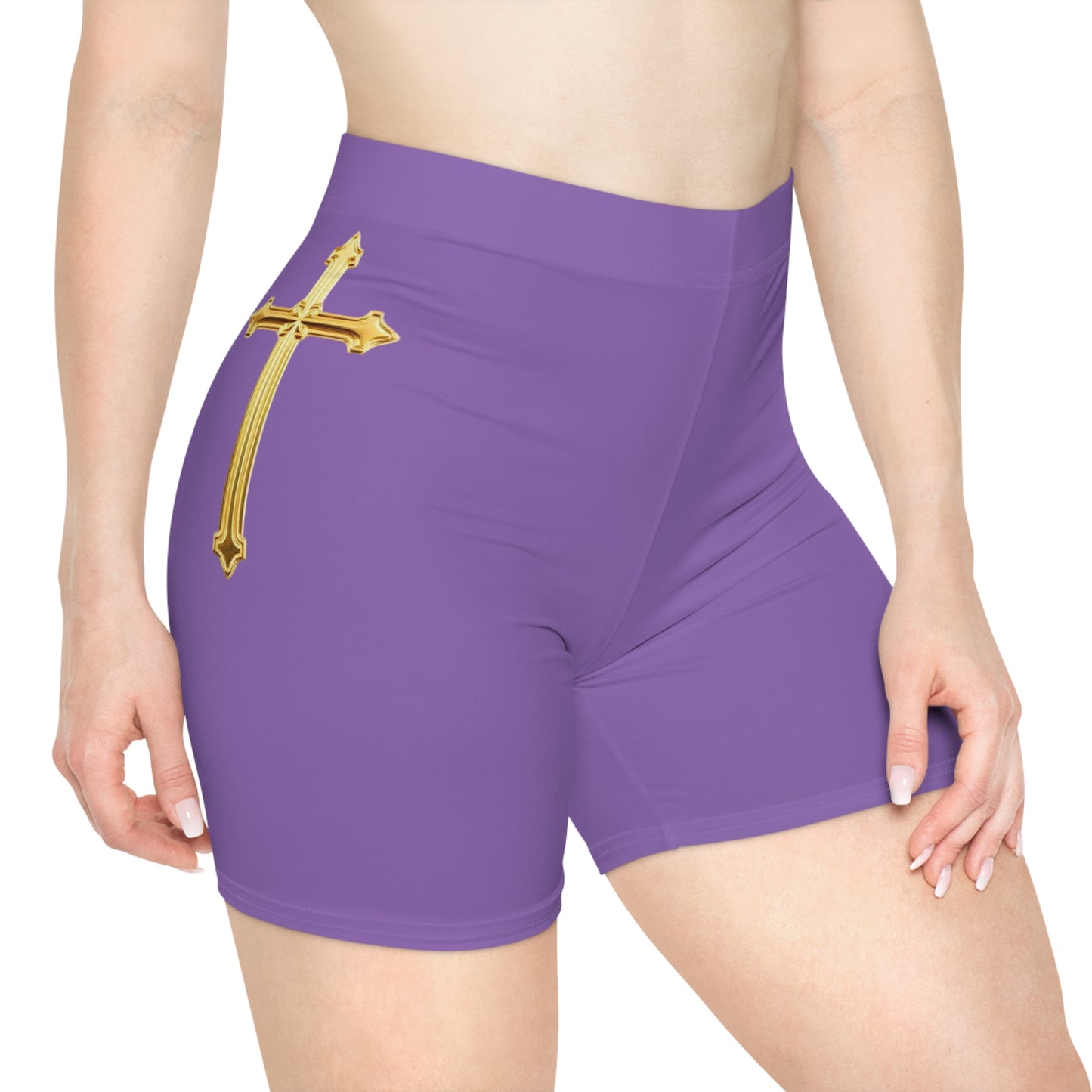 Gold Cross Women’s Biking Shorts in Purple – Symbol of Eternal Victory