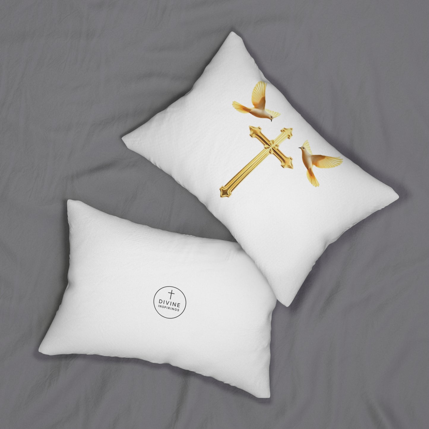 Divine Grace White Lumbar Pillow with Gold Cross & Doves