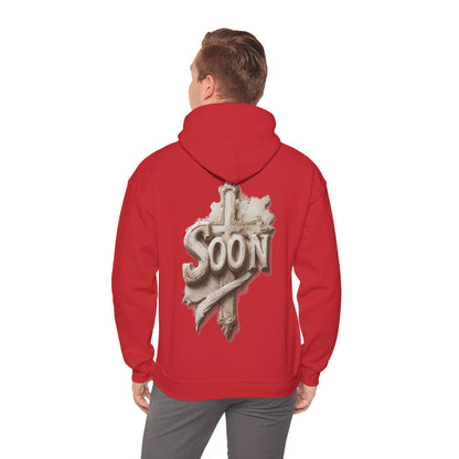 “Soon” Cross Men’s Hoodie – Back Print Faith Statement