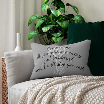Matthew 11:28 Lumbar Pillow – Rest for the Weary (Literally in grey!)