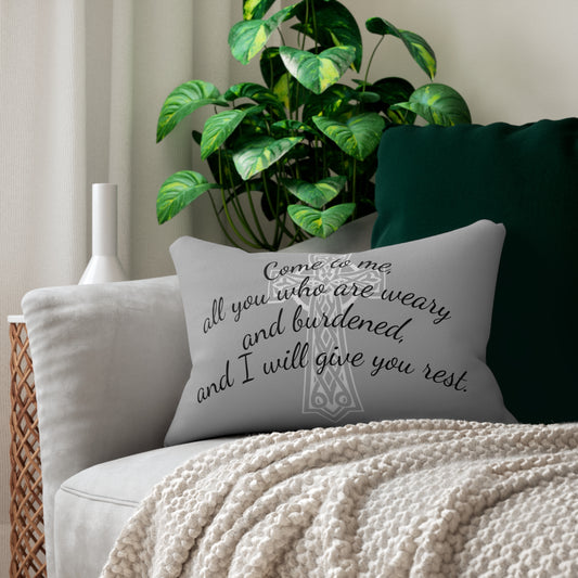 Matthew 11:28 Lumbar Pillow – Rest for the Weary (Literally in grey!)