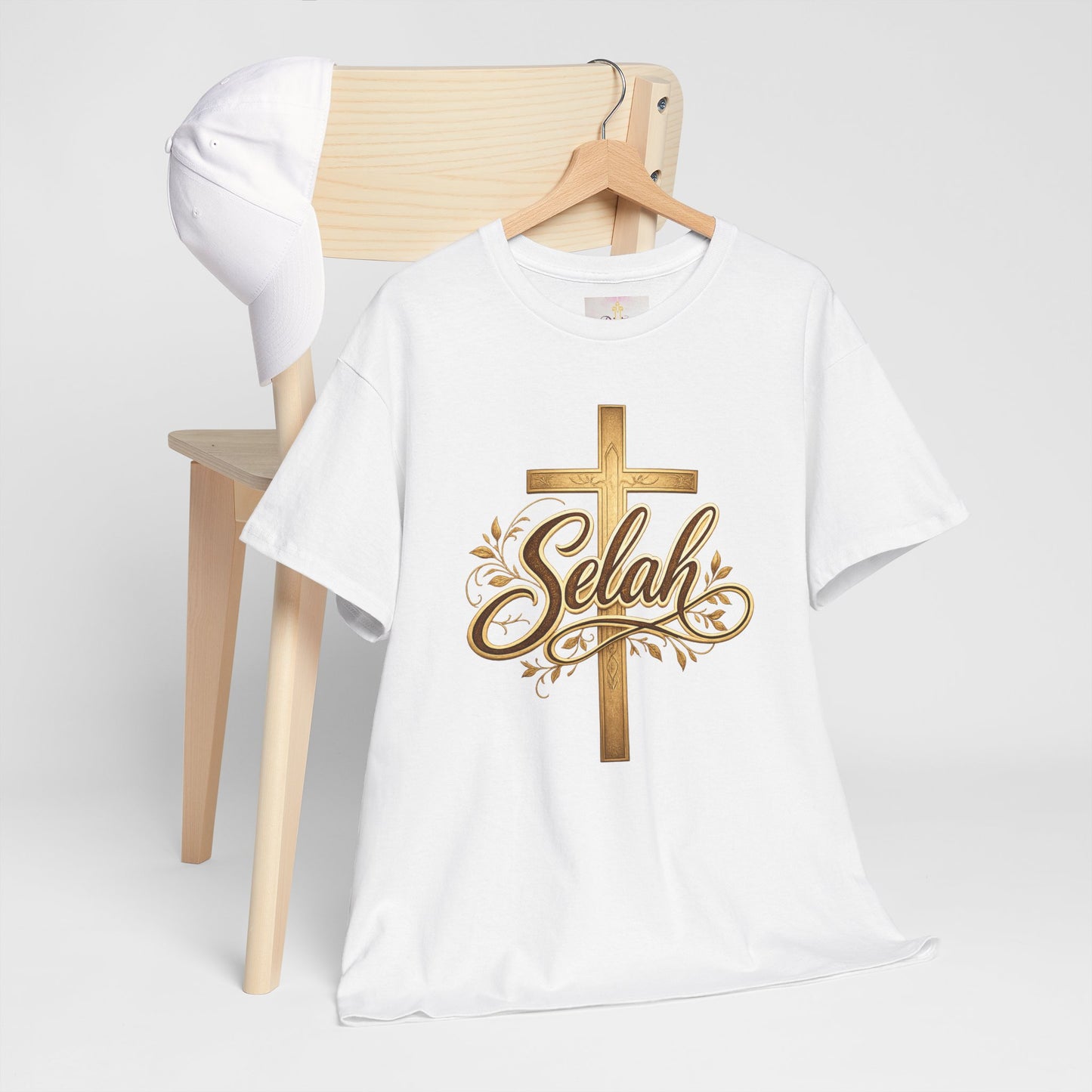 Selah Cross Tee — Women's Christian T‑Shirt with Gold Script