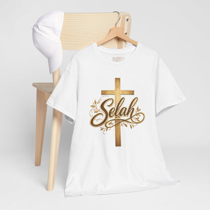 Selah Cross Tee — Women's Christian T‑Shirt with Gold Script