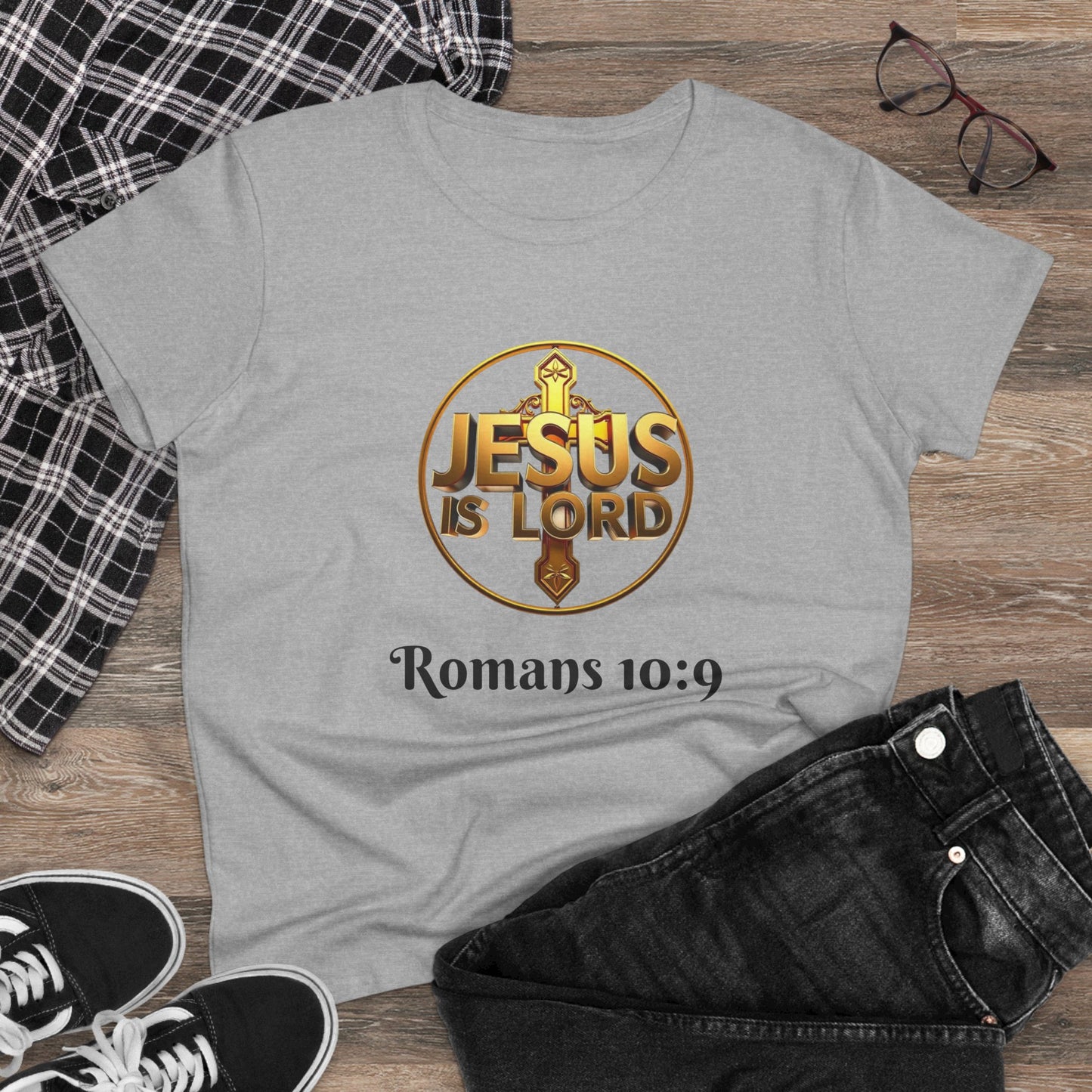 Women’s Romans 10:9 Christian T-Shirt – Jesus Is Lord & He Is Risen (Dark Lettering)