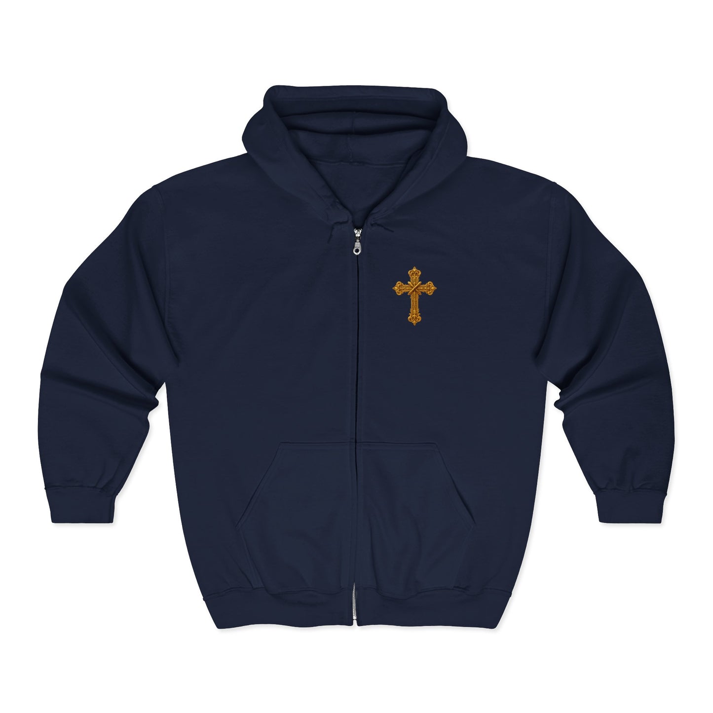 Men’s Ornate Gold Cross Zip-Up Hoodie – Spiritual Elegance & Comfort