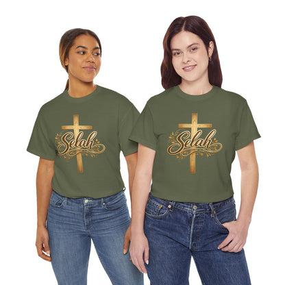 Selah Cross Tee — Women's Christian T‑Shirt with Gold Script