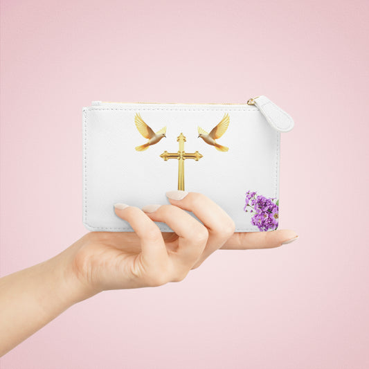 “Heaven’s Embrace” | Women’s Mini Clutch – Gold Cross with Flying Doves