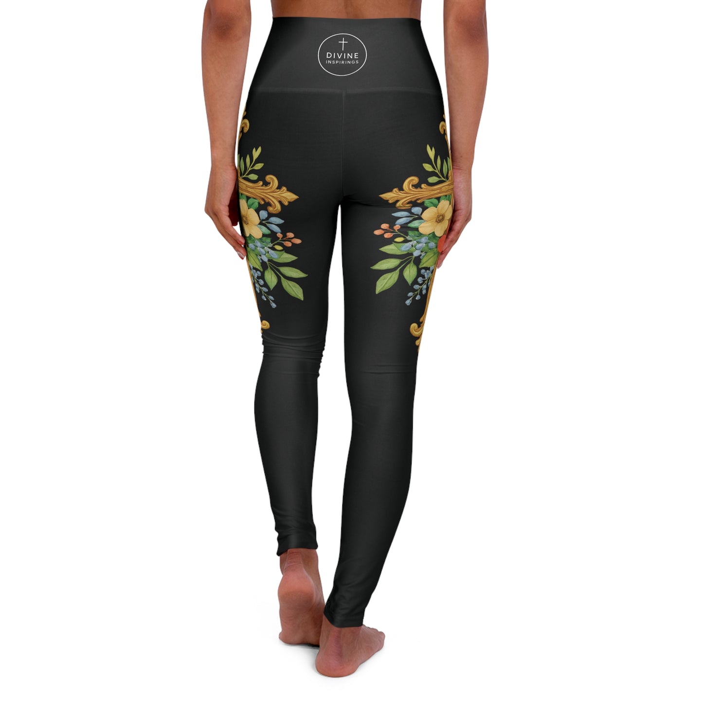 Floral Cross Graceful Fit High-Waisted Leggings in Black - Christian Women's Apparel