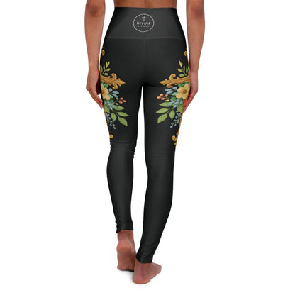 Floral Cross Graceful Fit High-Waisted Leggings in Black - Christian Women's Apparel