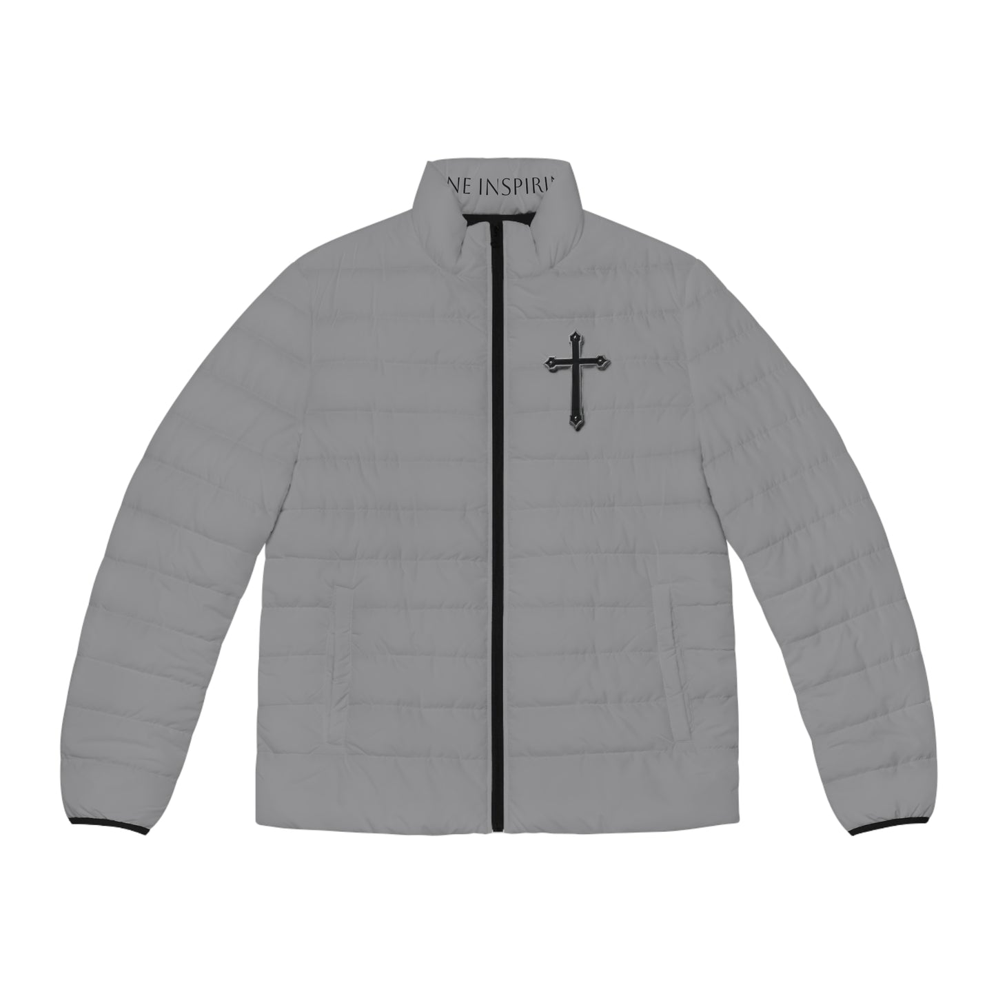 Steadfast Faith Men’s Puffer Jacket in Grey – Black Cross Crest