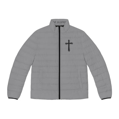 Steadfast Faith Men’s Puffer Jacket in Grey – Black Cross Crest