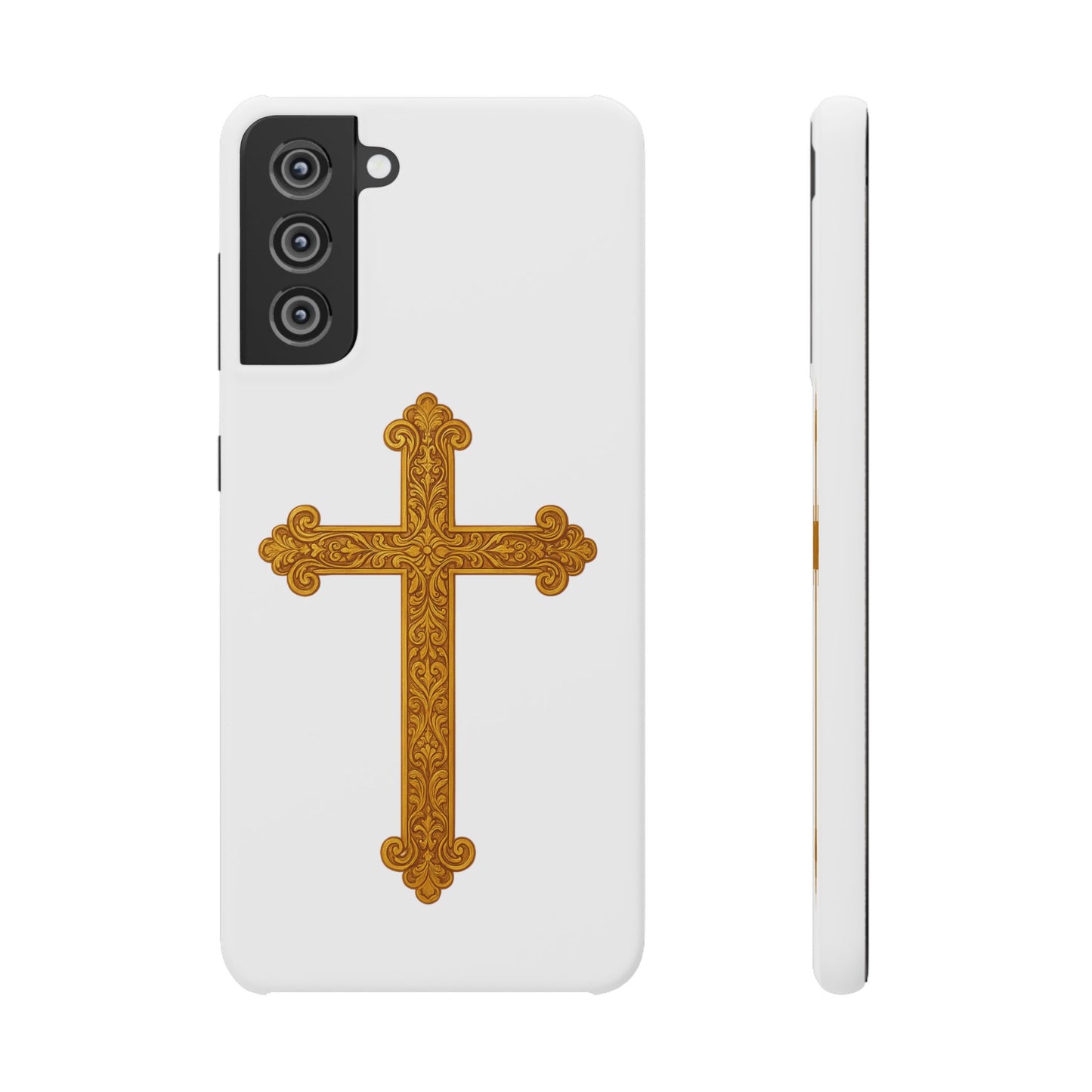 White Samsung Snap Case – Gold Cross Design