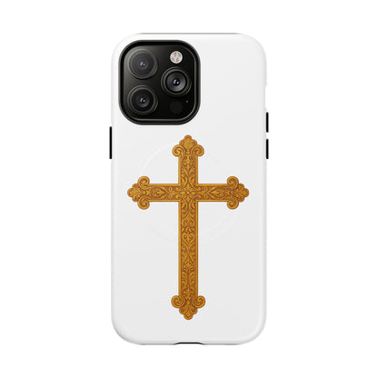 Gold Cross on White Magnetic Tough Case for iPhone – Strength in Faith