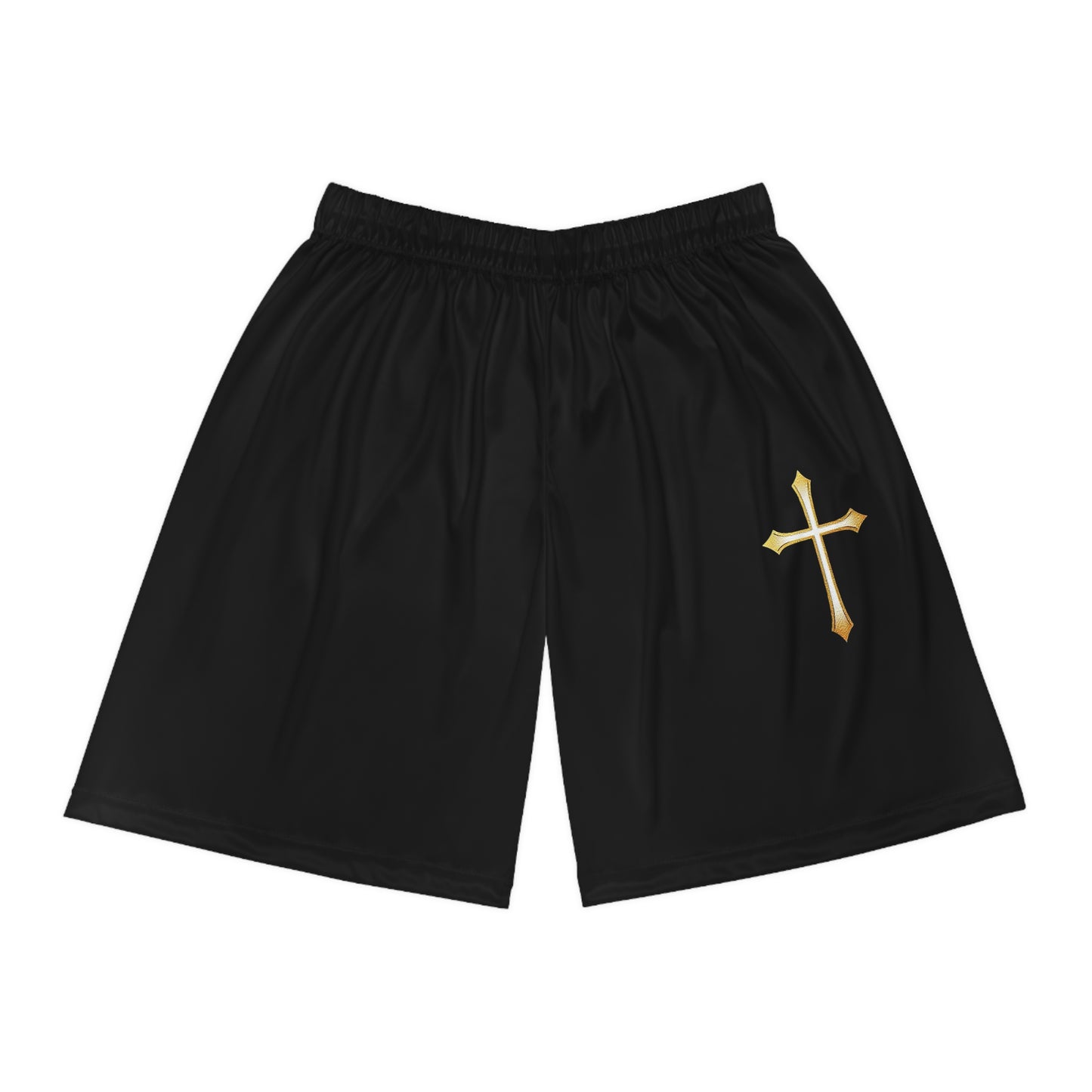 Men’s Modern Gold Cross Basketball Shorts in Black – Sleek Faith-Inspired Design