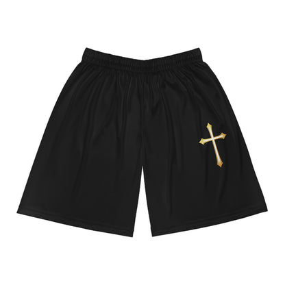Men’s Modern Gold Cross Basketball Shorts in Black – Sleek Faith-Inspired Design