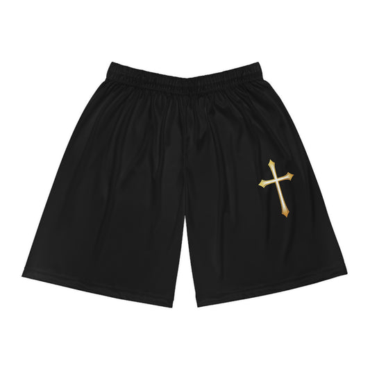 Men’s Modern Gold Cross Basketball Shorts in Black – Sleek Faith-Inspired Design