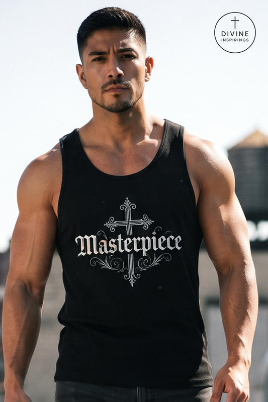 A muscular man wearing a black tank top with a white gothic-style cross and the word 'Masterpiece' printed on the front. The Divine Inspirings logo is visible in the top right corner.