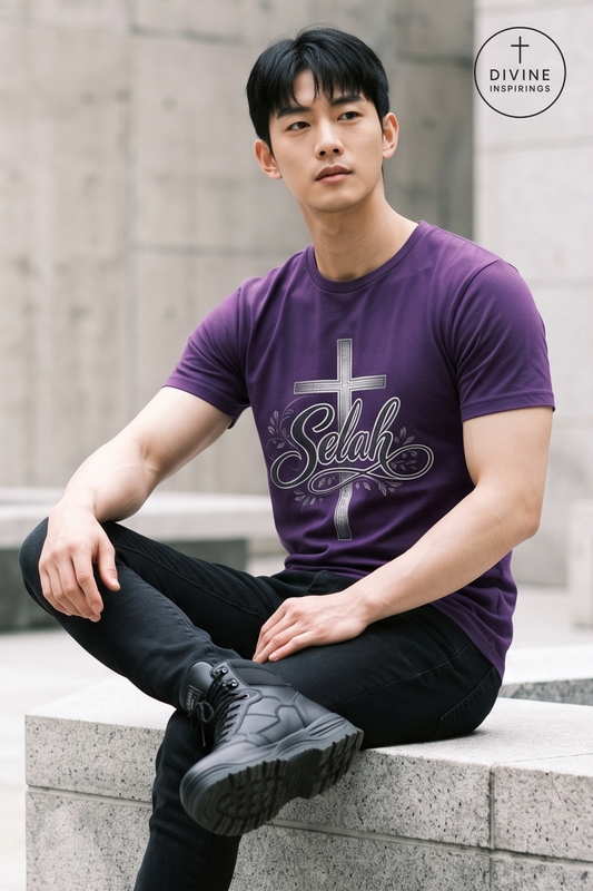A man wearing a purple graphic t-shirt with a silver cross and 'Salah' text, paired with black pants and black boots, sitting on a stone ledge outdoors. A 'DIVINE INSPIRINGS' logo is visible in the top right corner.