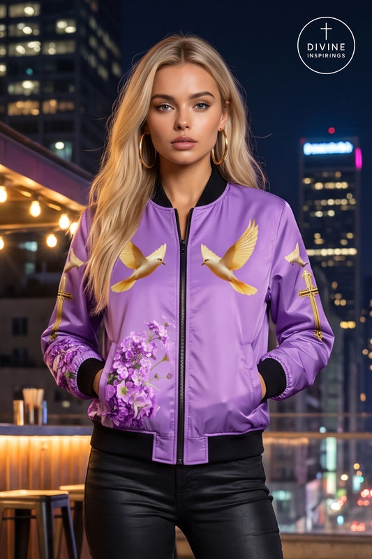 A woman wearing a purple bomber jacket with gold doves, crosses, and purple flowers, posed against a blurred city skyline at night. A Divine Inspirings logo is visible in the top right corner.