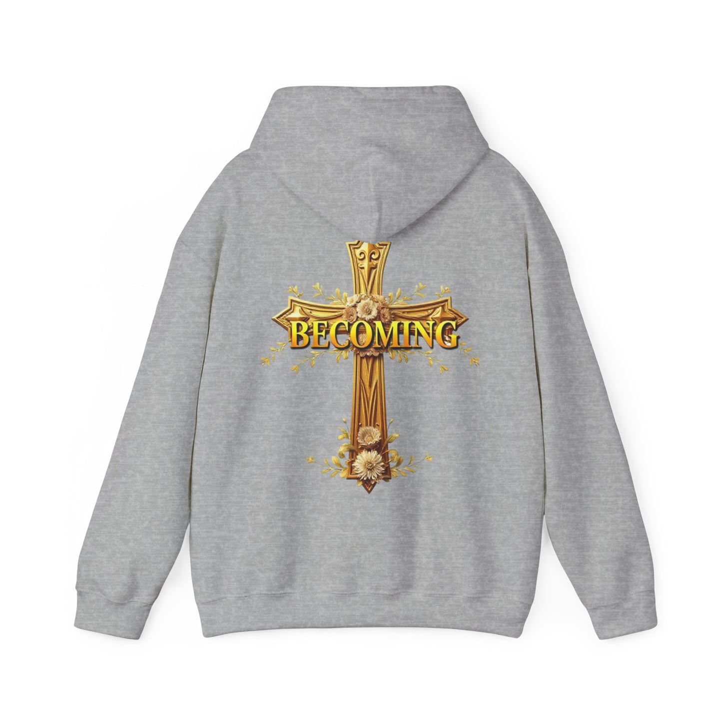 Becoming Women’s Faith Hoodie – Gold Cross Edition (1 Corinthians 15:49)