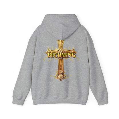 Becoming Women’s Faith Hoodie – Gold Cross Edition (1 Corinthians 15:49)