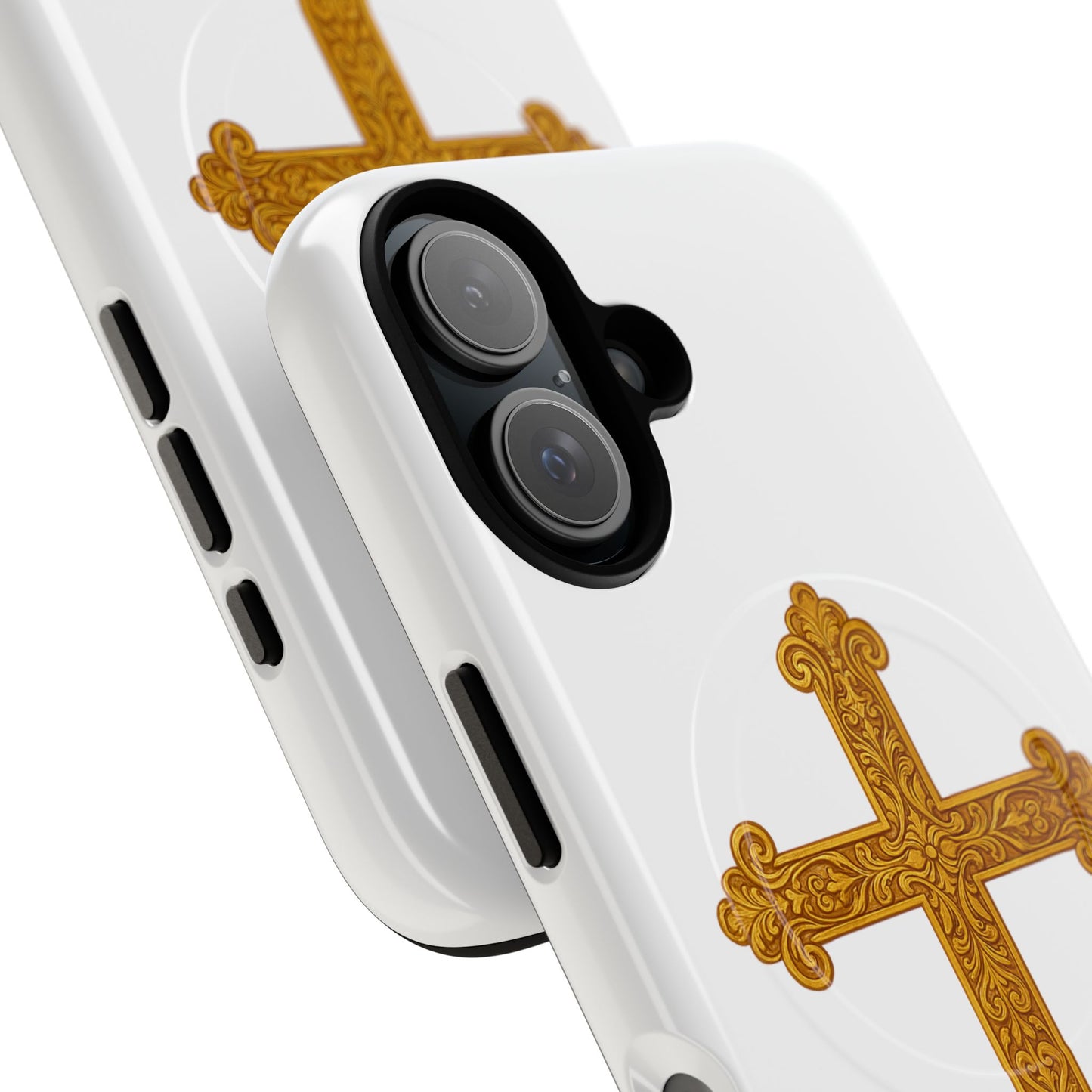 Gold Cross on White Magnetic Tough Case for iPhone – Strength in Faith
