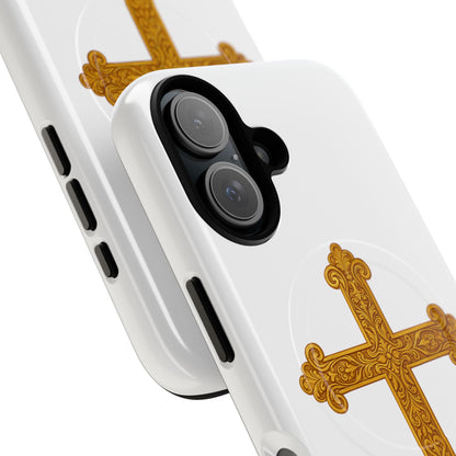Gold Cross on White Magnetic Tough Case for iPhone – Strength in Faith