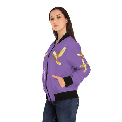Heavenly Ascent – Gold Cross & Doves Women’s Bomber Jacket in Muave