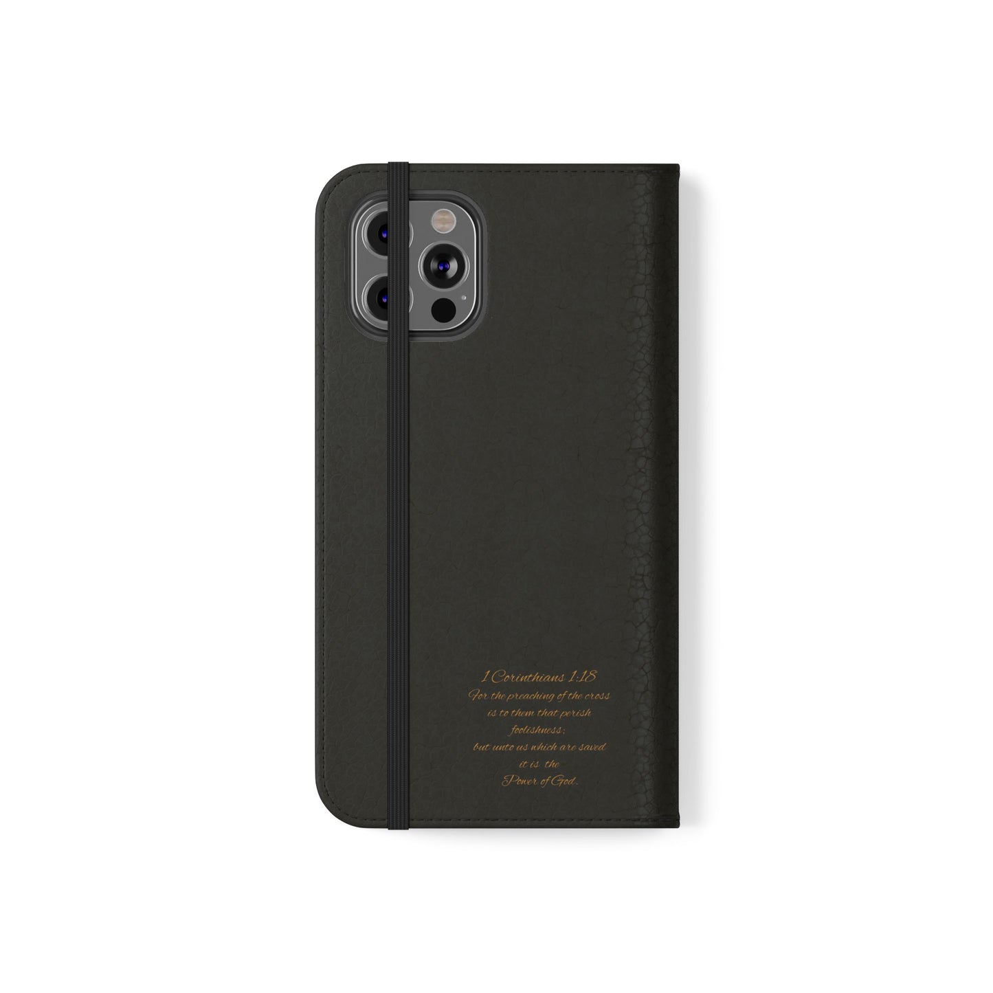 Black with Gold Cross & 1 Corinthians 1:18 - iPhone Flip/Wallet Phone Case