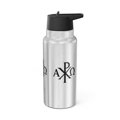 Enduring Faith Stainless Steel Gator Tumbler – Black Chi Rho with Alpha & Omega