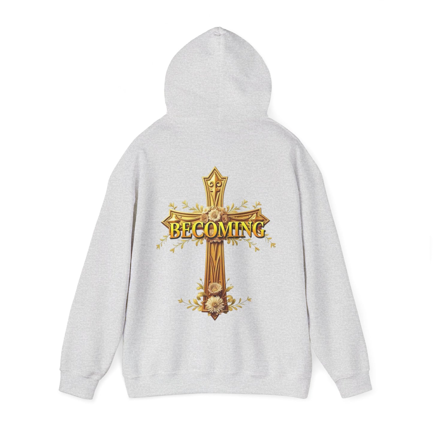 Becoming Women’s Faith Hoodie – Gold Cross Edition (1 Corinthians 15:49)