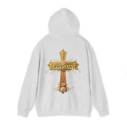 Becoming Women’s Faith Hoodie – Gold Cross Edition (1 Corinthians 15:49)