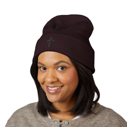 Shadowed Faith Cuffed Beanie – Black Embroidered Cross