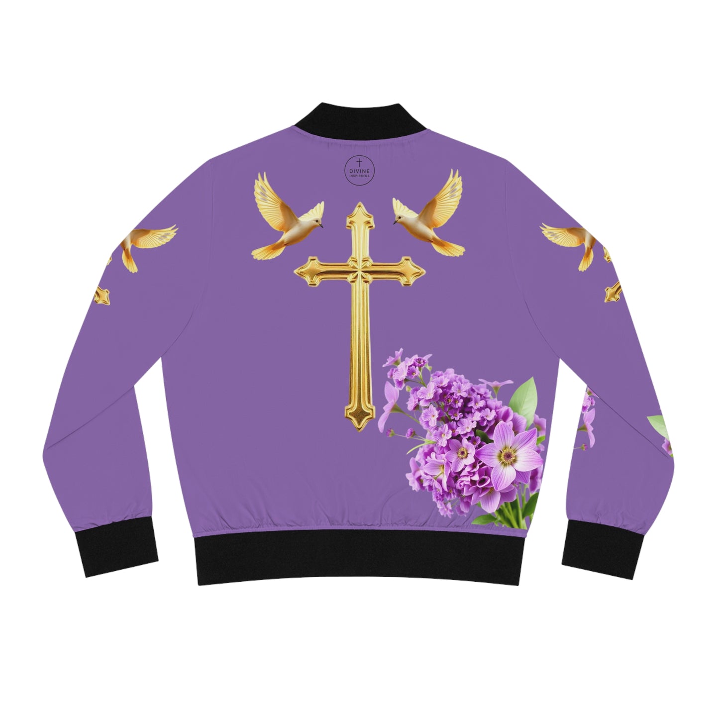 Heavenly Ascent – Gold Cross & Doves Women’s Bomber Jacket in Muave