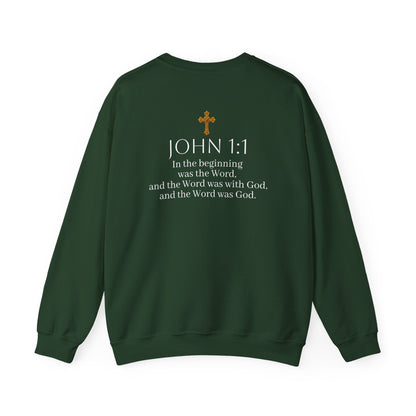 “The Word Eternal” – Men’s Christian Sweatshirt with White Lettering (John 1:1)