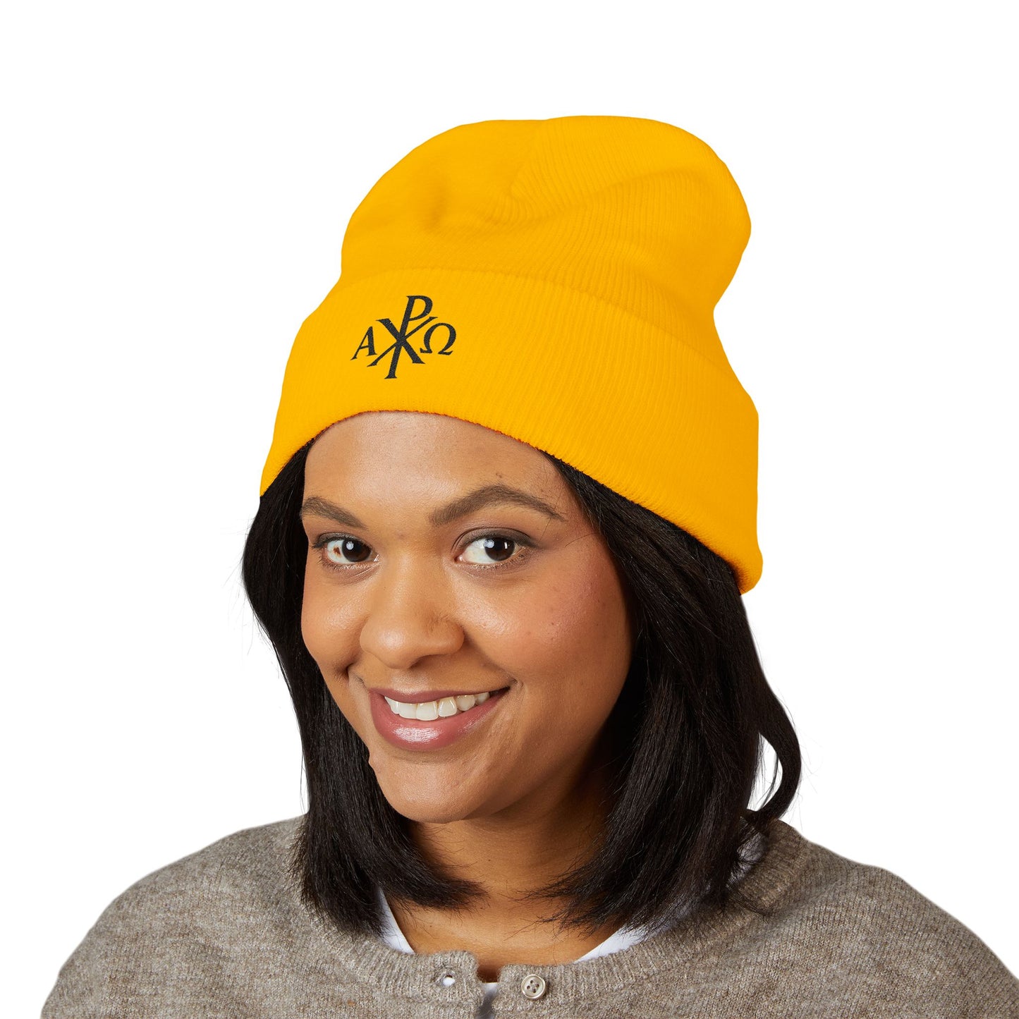 Eternal Light Cuffed Beanie – Black Chi Rho with Alpha & Omega
