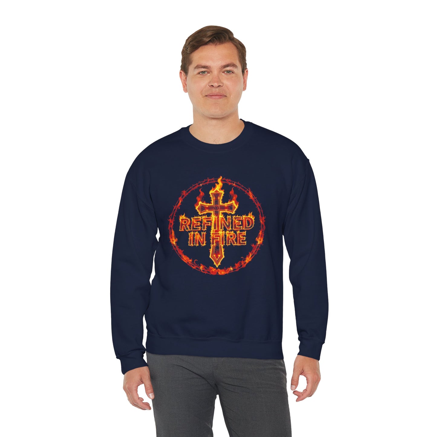 Men’s “Refined in Fire” Christian Sweatshirt – Bold Flame Design Pullover