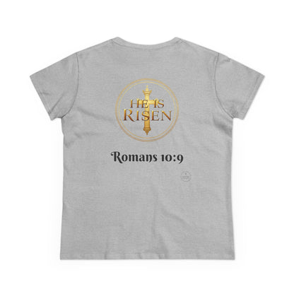 Women’s Romans 10:9 Christian T-Shirt – Jesus Is Lord & He Is Risen (Dark Lettering)