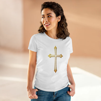 Women’s Gold Cross Tee – Christian Faith Shirt with Bold Cross Design