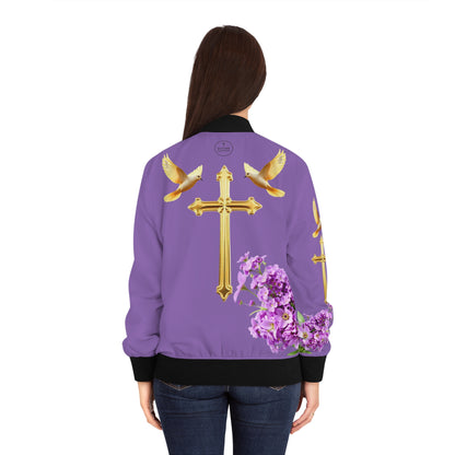 Heavenly Ascent – Gold Cross & Doves Women’s Bomber Jacket in Muave