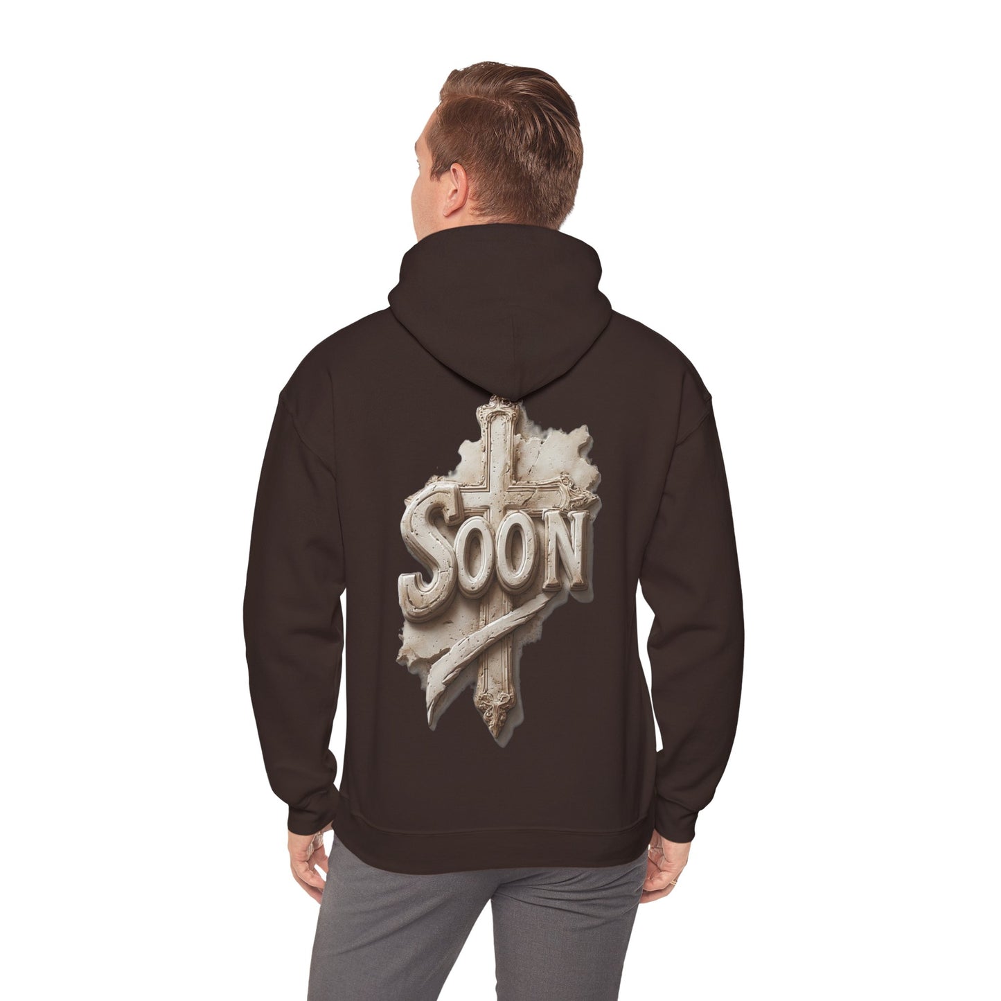 “Soon” Cross Men’s Hoodie – Back Print Faith Statement